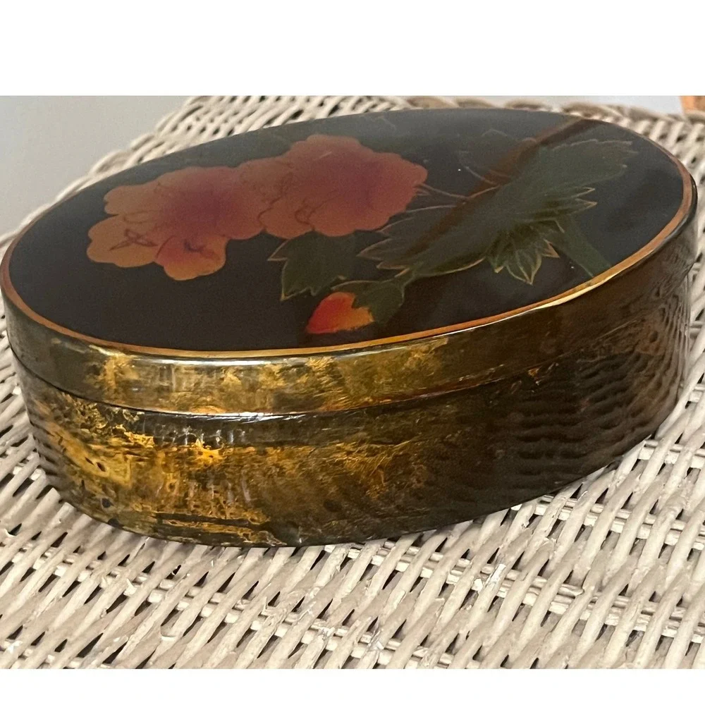 Lacquer Oval Trinket Box Floral Design Hand Painted‎ Dark Academia Whimsigoth